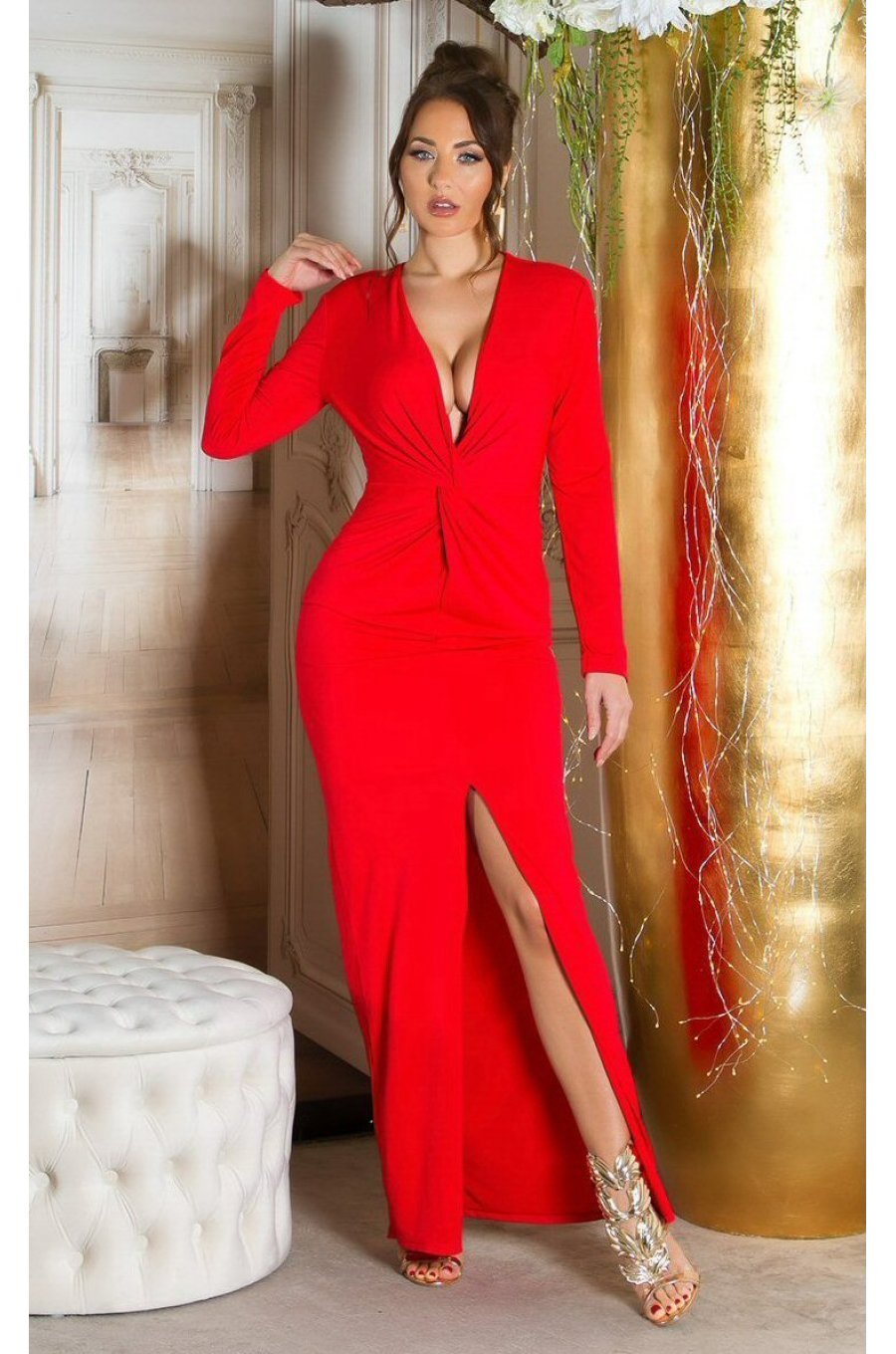 Rochie lunga rosie mulata cu maneca lunga Gabryelle 1 - jojofashion.ro
