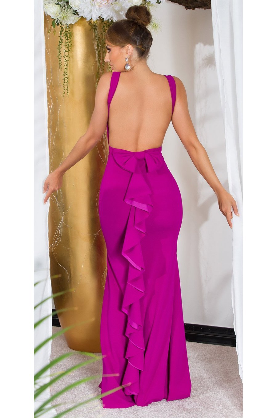 Rochie eleganta lunga, roz magenta, mulata, tip sirena, cu spatele gol, Lace 1 - jojofashion.ro