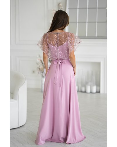 Rochii, Rochie eleganta lunga roz pudra cu paiete pe bust vaporoasa Azaliya - jojofashion.ro