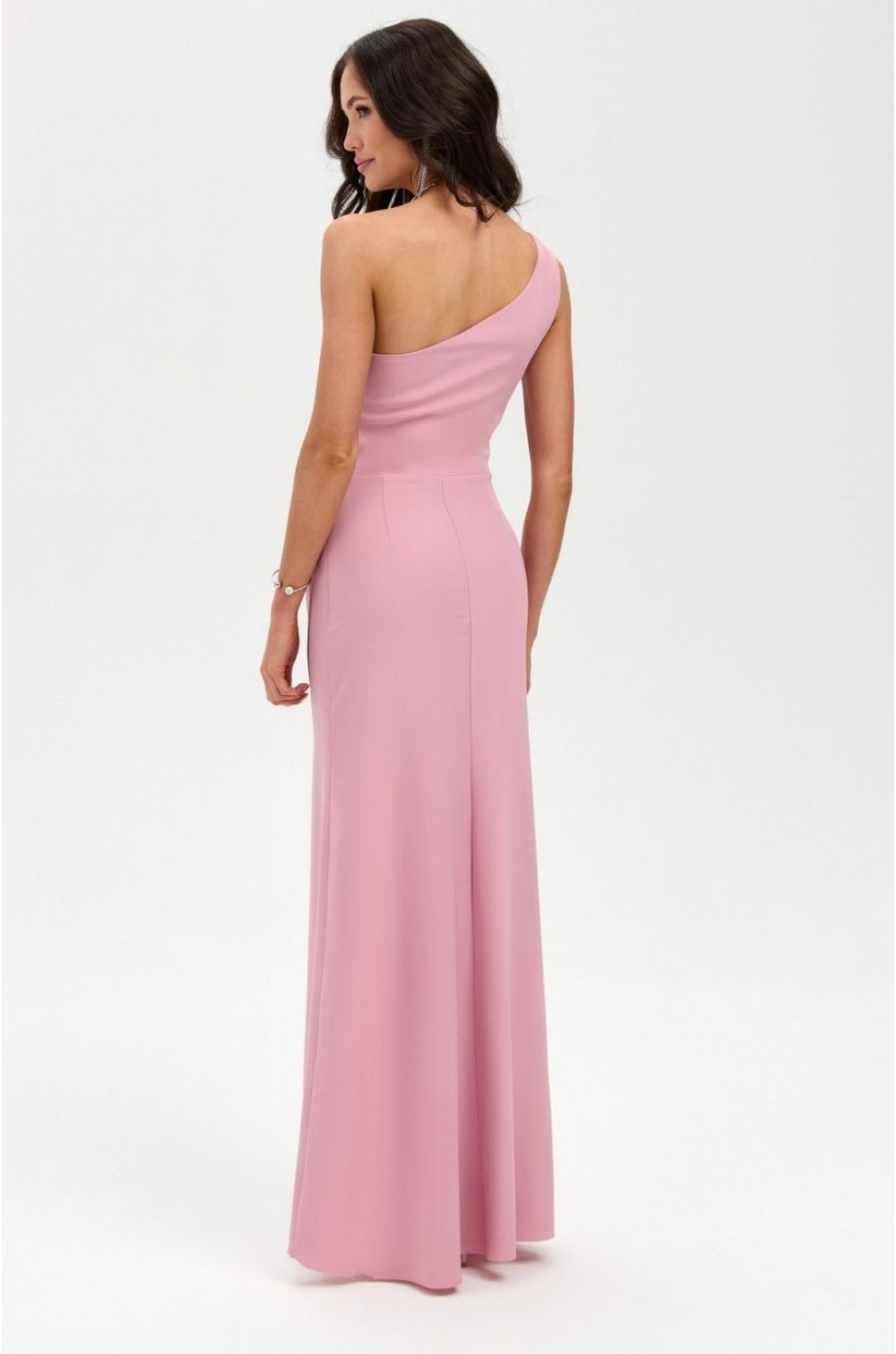 Rochie eleganta lunga roz pudra cu un umar gol CelestiaR 2 - jojofashion.ro