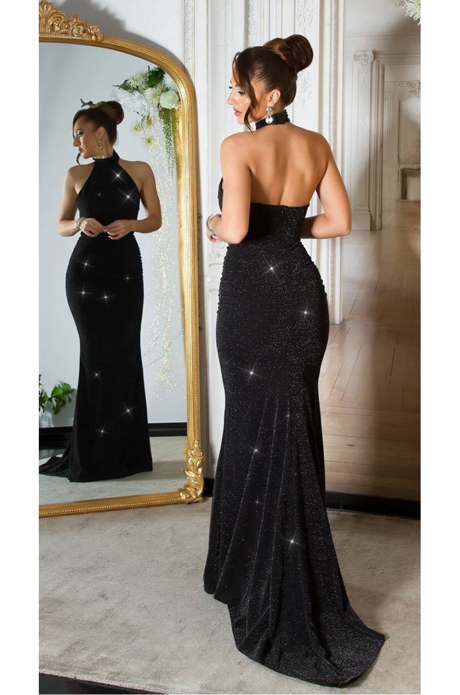 Rochie eleganta lunga, sirena, glitter, neagra, mulata, cu umerii goi si spatele gol, Star 1 - jojofashion.ro