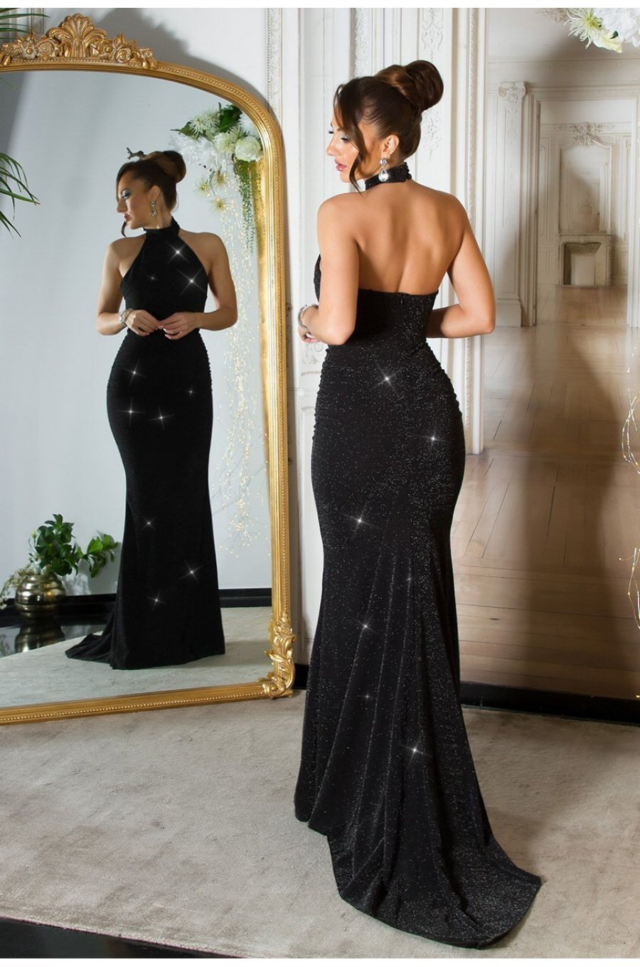 Rochie eleganta lunga, sirena, glitter, neagra, mulata, cu umerii goi si spatele gol, Star 3 - jojofashion.ro