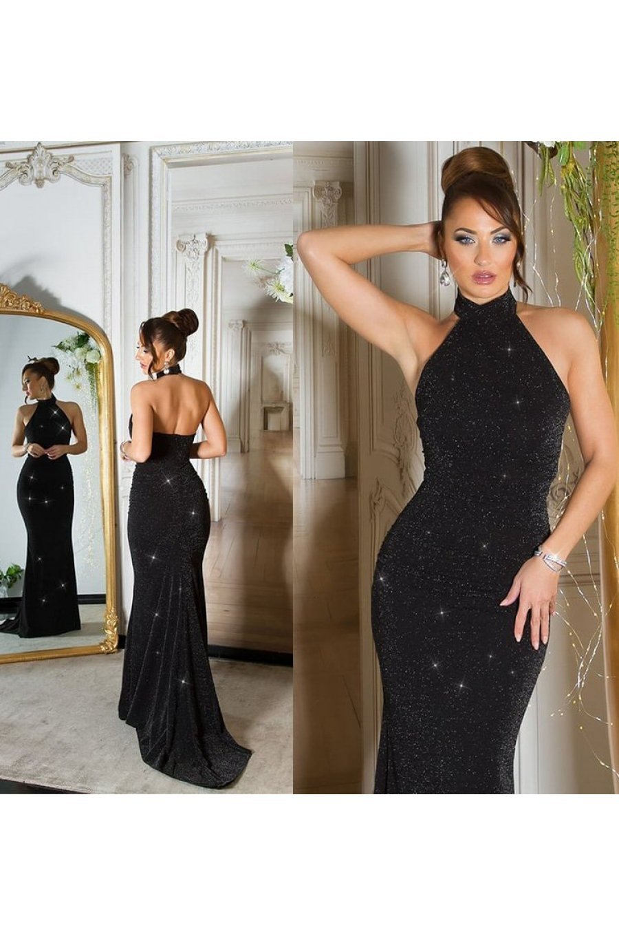 Rochie eleganta lunga, sirena, glitter, neagra, mulata, cu umerii goi si spatele gol, Star 4 - jojofashion.ro