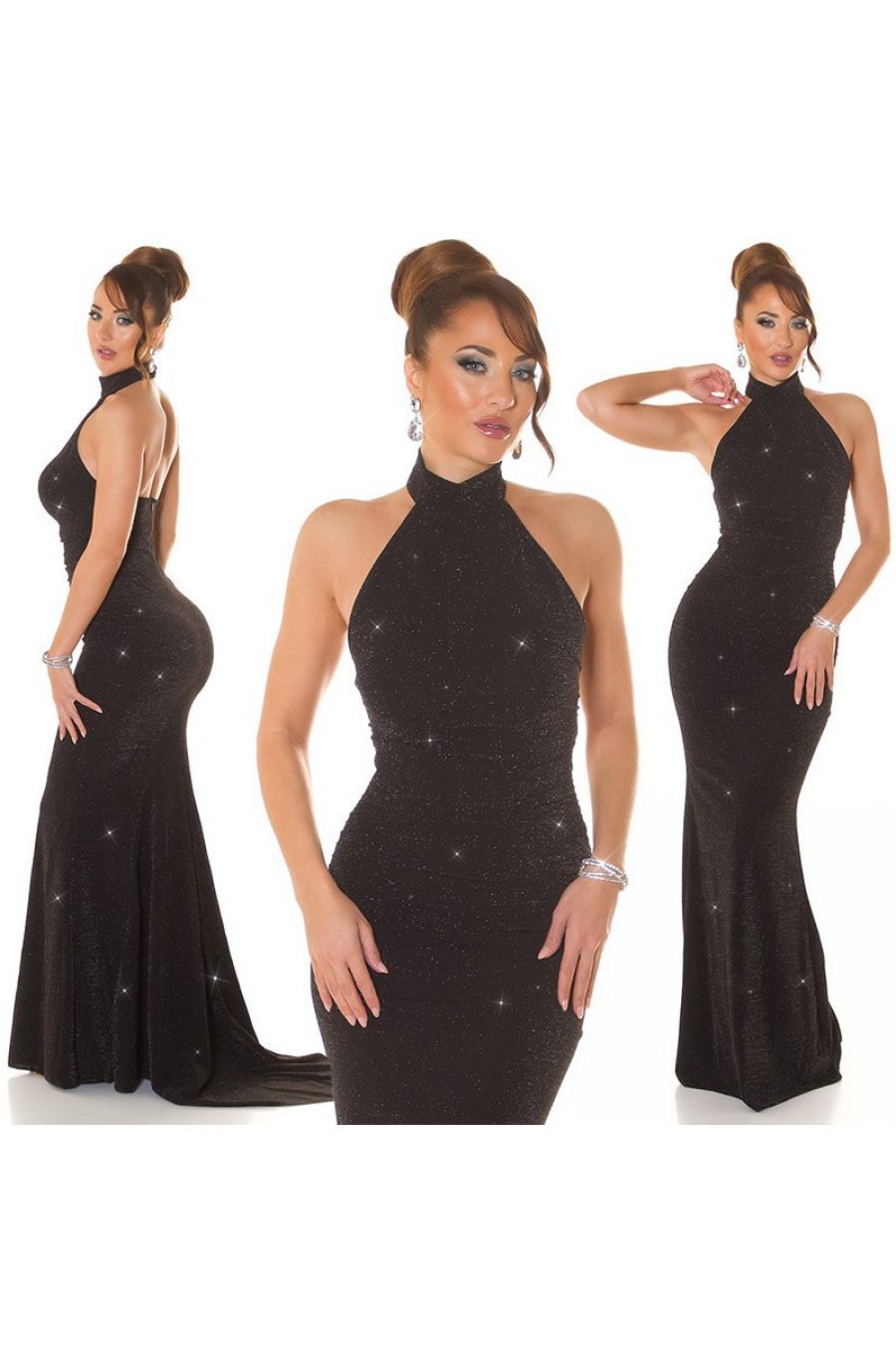 Rochie eleganta lunga, sirena, glitter, neagra, mulata, cu umerii goi si spatele gol, Star 6 - jojofashion.ro
