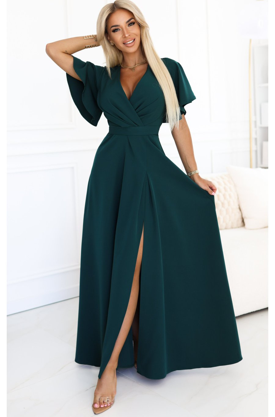 Rochie eleganta lunga verde smarald vaporoasa petrecuta Kasandra 1 - jojofashion.ro