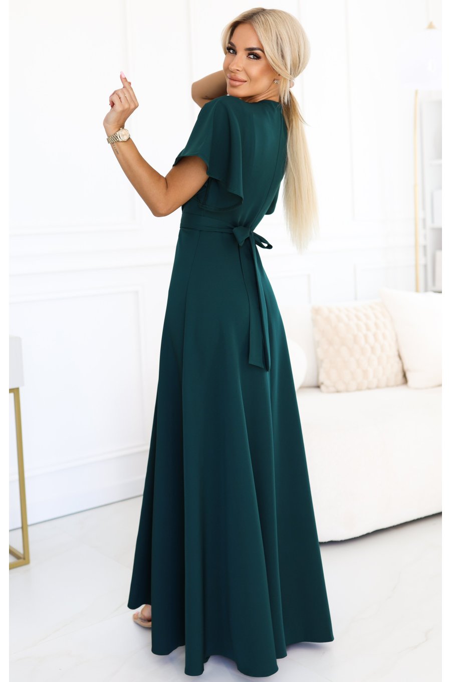 Rochie eleganta lunga verde smarald vaporoasa petrecuta Kasandra 2 - jojofashion.ro