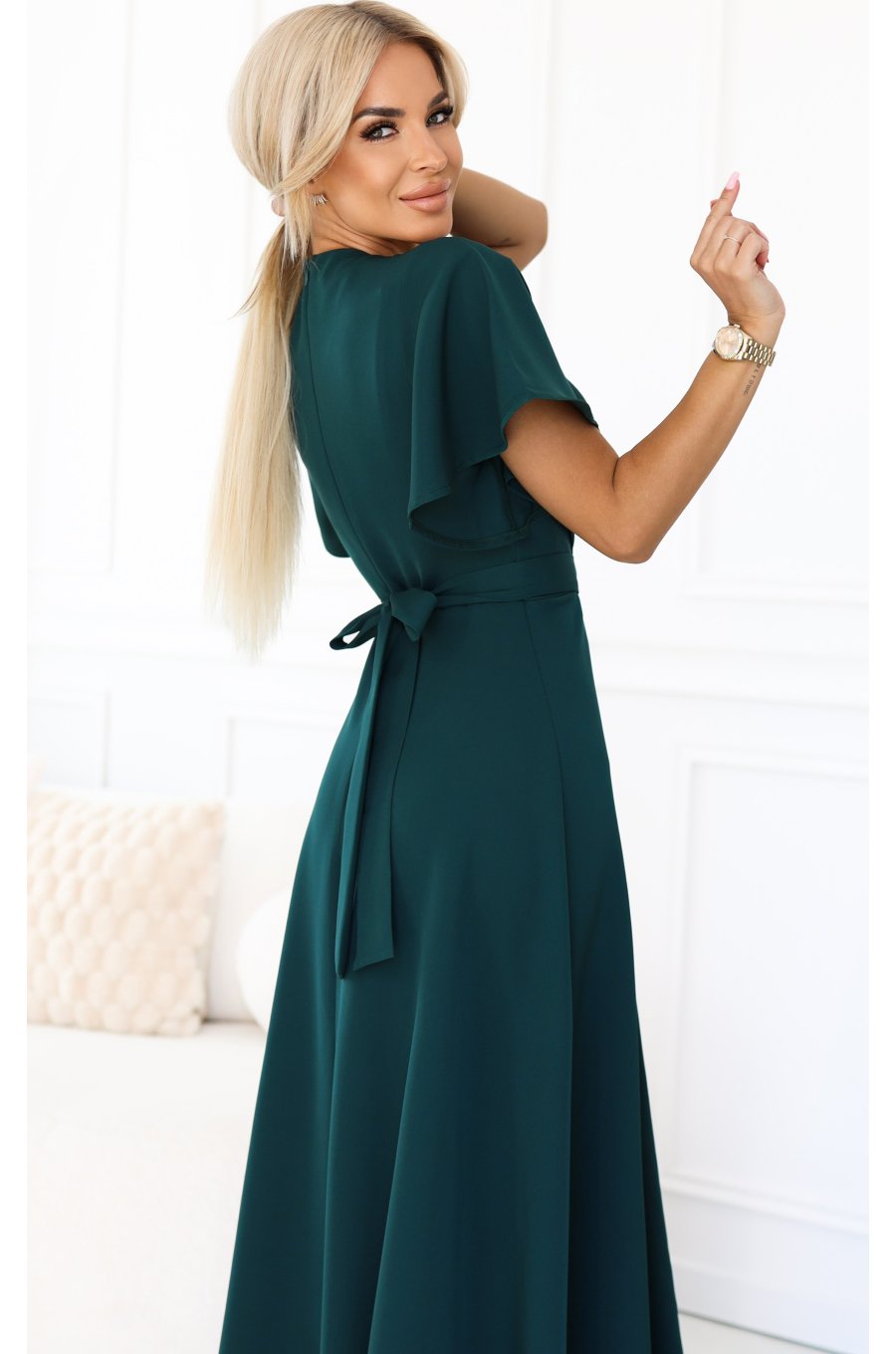 Rochie eleganta lunga verde smarald vaporoasa petrecuta Kasandra 3 - jojofashion.ro