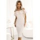 Rochie eleganta midi bej mulata cu umerii goi si volane Carmina 2 - jojofashion.ro