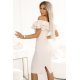 Rochie eleganta midi bej mulata cu umerii goi si volane Carmina 4 - jojofashion.ro