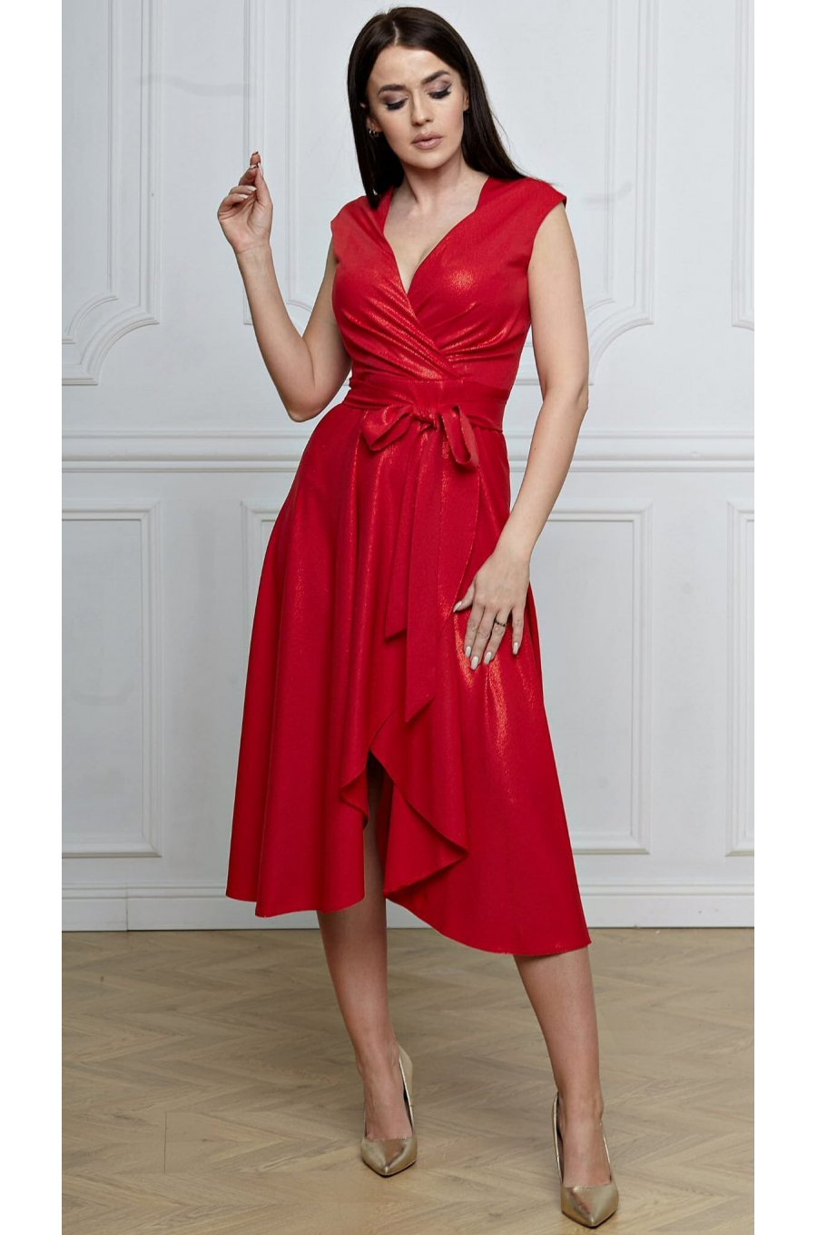 Rochie midi rosie eleganta marime mare din brocard petrecuta Greta Rochie midi rosie eleganta marime mare din brocard petrecuta Greta 1 - jojofashion.ro