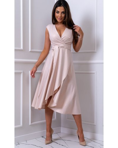 Rochie midi din brocard bej sampanie Greta Rochii cununie civila, Rochie midi din brocard bej sampanie Greta - jojofashion.ro