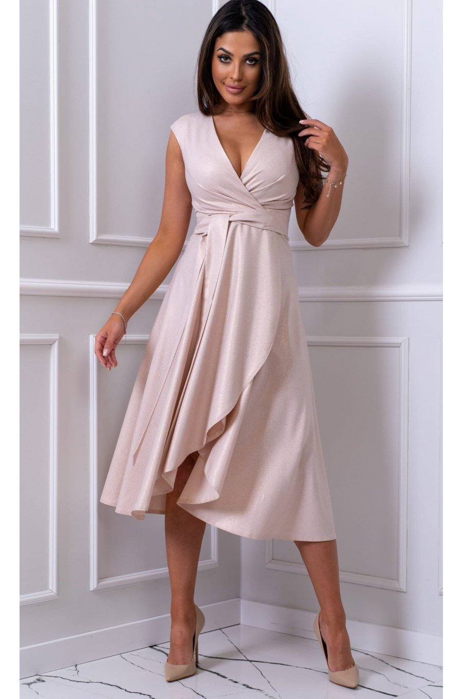 Rochie midi din brocard bej sampanie Greta 1 - jojofashion.ro