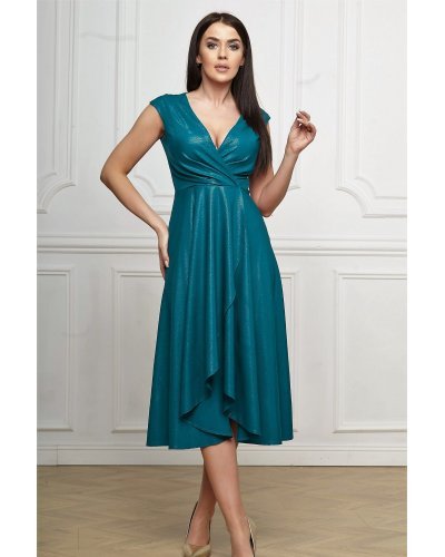 Rochie marime mare eleganta, midi, din brocard, turcoaz, petrecuta, asimetrica, Greta Rochii de nasa, Rochie marime mare eleganta, midi, din brocard, turcoaz, petrecuta, asimetrica, Greta - jojofashion.ro
