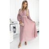 Rochie lunga plisata din chiffon roz pudrat cu maneca lunga vaporoasa Vaneira