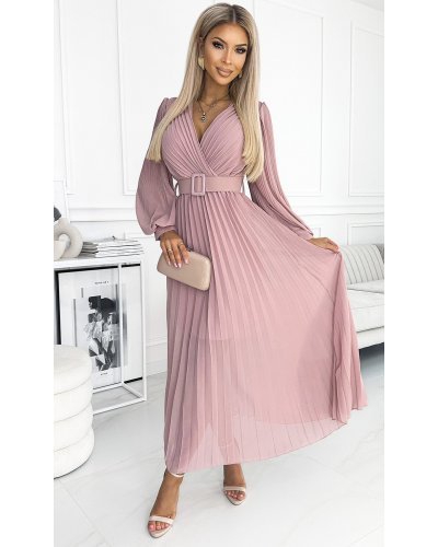 Rochie lunga plisata din chiffon roz pudrat cu maneca lunga vaporoasa Vaneira Rochii lungi, Rochie lunga plisata din chiffon roz pudrat cu maneca lunga vaporoasa Vaneira - jojofashion.ro
