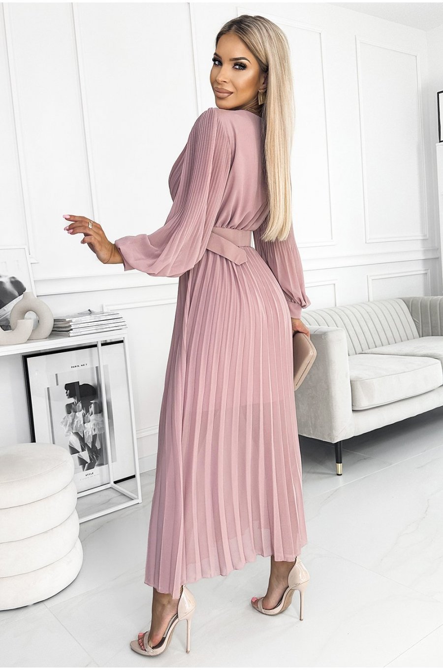 Rochie eleganta plisata lunga, din chiffon roz pudrat, cu maneca lunga, vaporoasa, Vaneira 2 - jojofashion.ro