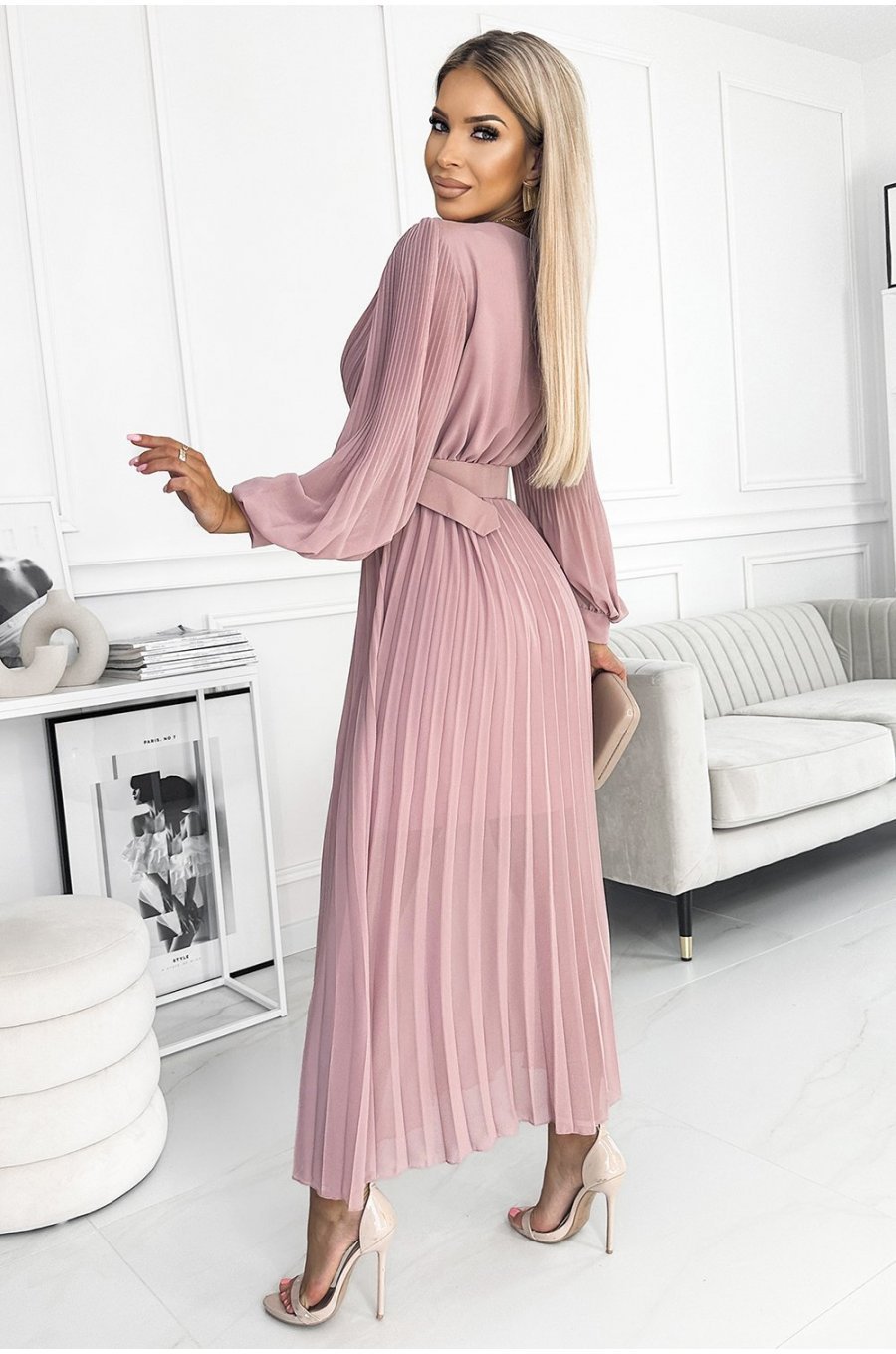 Rochie lunga plisata din chiffon roz pudrat cu maneca lunga vaporoasa Vaneira 2 - jojofashion.ro