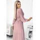 Rochie lunga plisata din chiffon roz pudrat cu maneca lunga vaporoasa Vaneira 4 - jojofashion.ro