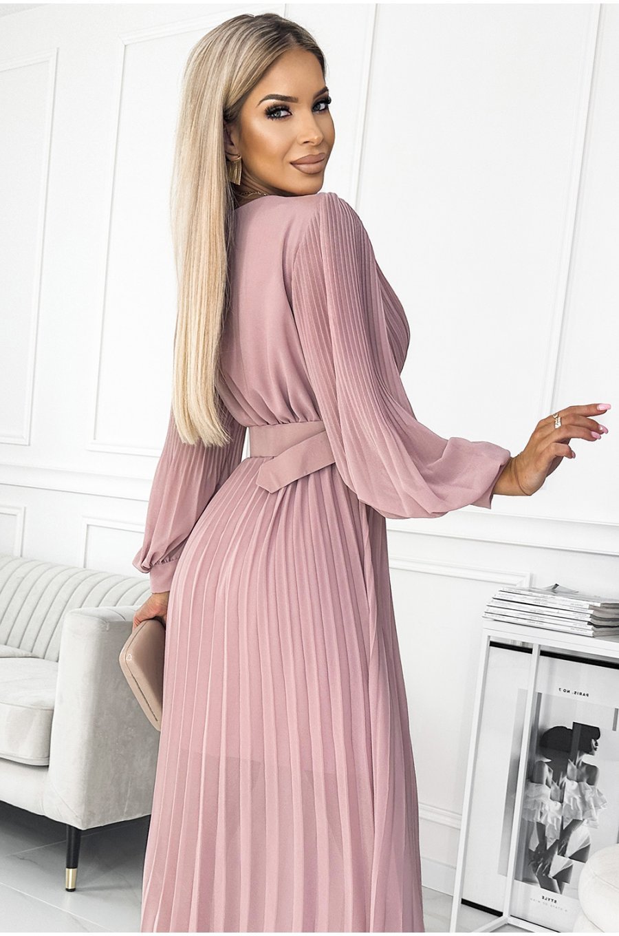 Rochie eleganta plisata lunga, din chiffon roz pudrat, cu maneca lunga, vaporoasa, Vaneira 3 - jojofashion.ro