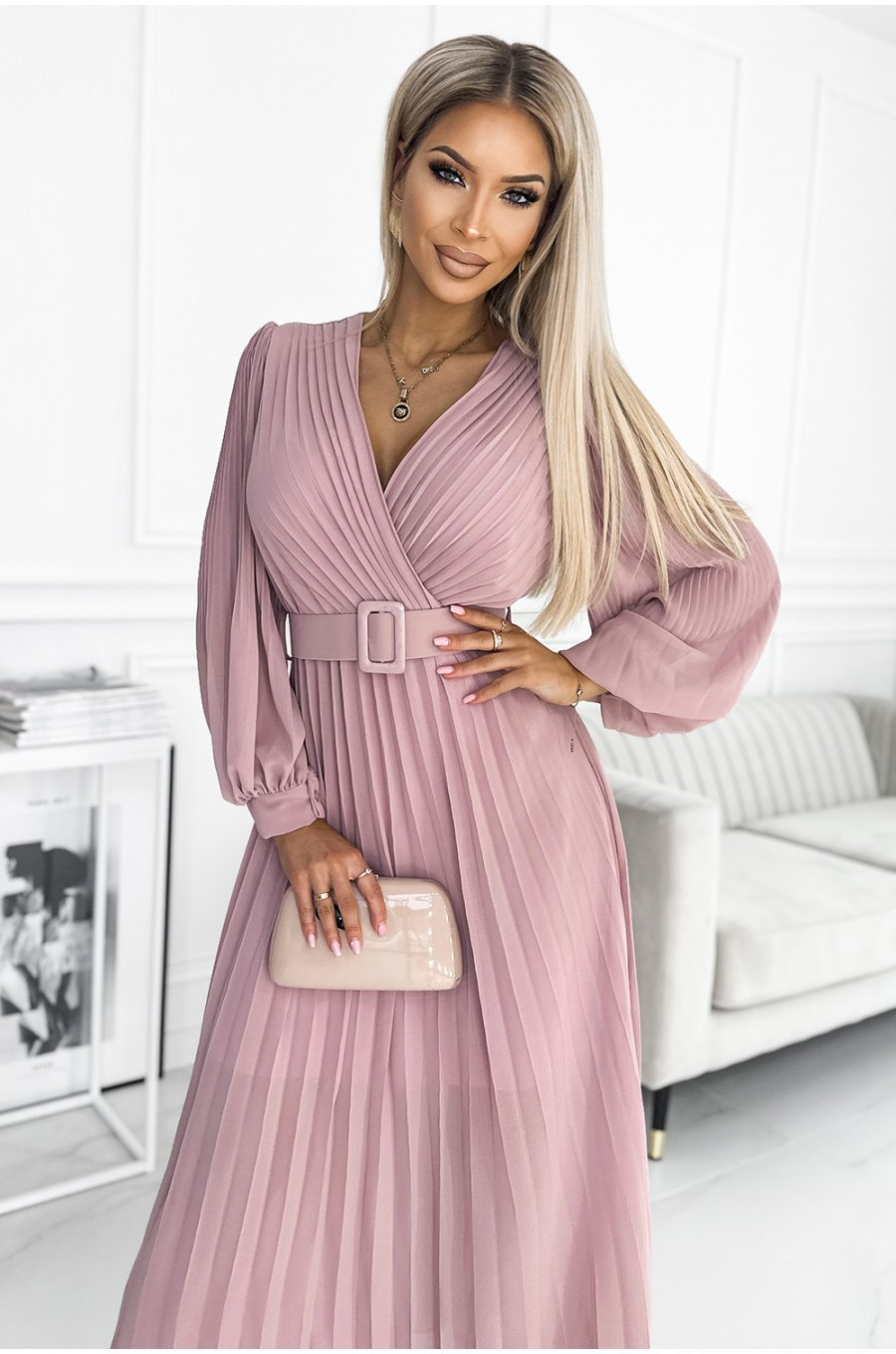 Rochie lunga plisata din chiffon roz pudrat cu maneca lunga vaporoasa Vaneira 4 - jojofashion.ro