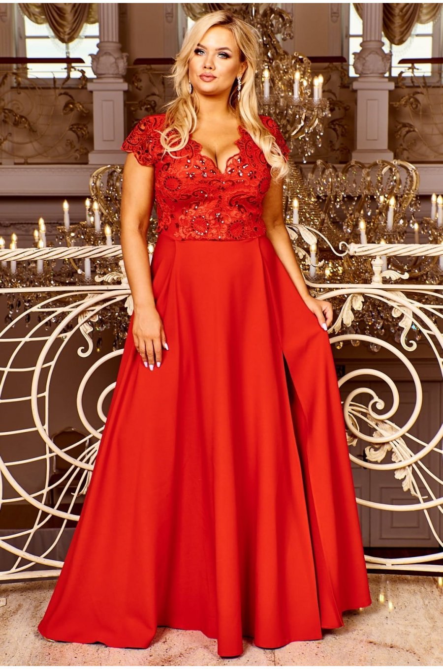 Rochie lunga eleganta rosie cu dantela Arianza 1 - jojofashion.ro