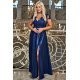 Rochie eleganta XXL, lunga, cu brocard si dantela bleumarin, Carmen2 2 - jojofashion.ro