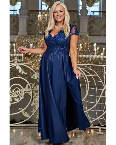Rochie lunga eleganta din dantela si brocard bleumarin Carmen2 Rochii lungi, Rochie lunga eleganta din dantela si brocard bleumarin Carmen2 - jojofashion.ro