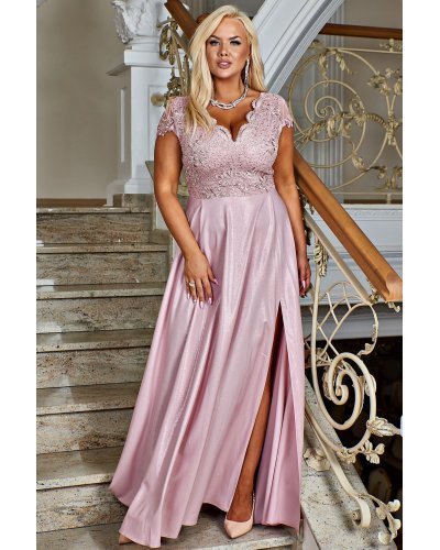 Rochie lunga roz pastelat din dantela si brocard Carmen2 Rochii lungi, Rochie lunga roz pastelat din dantela si brocard Carmen2 - jojofashion.ro