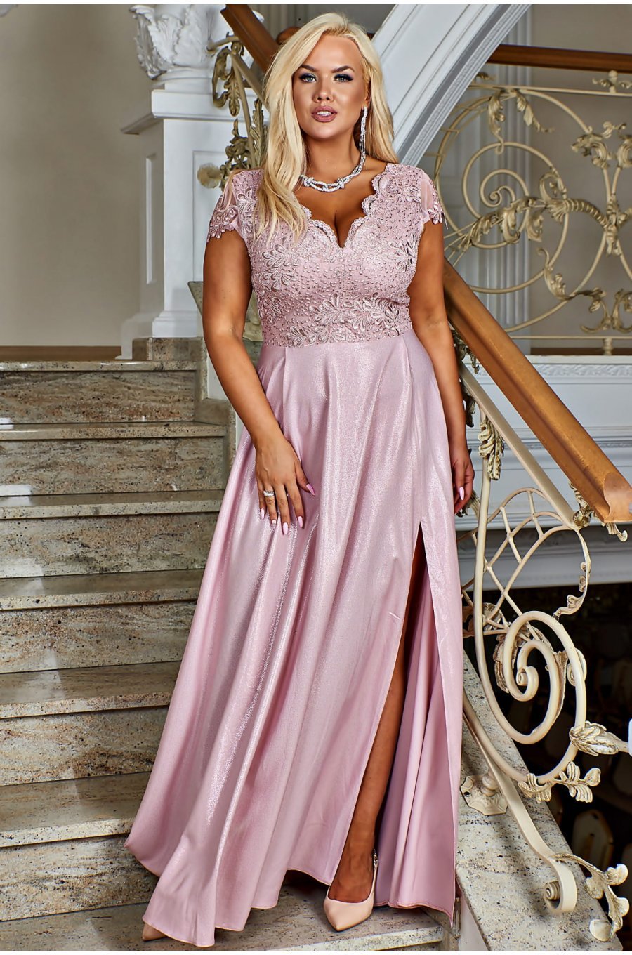 Rochie lunga roz pastelat din dantela si brocard Carmen2 1 - jojofashion.ro