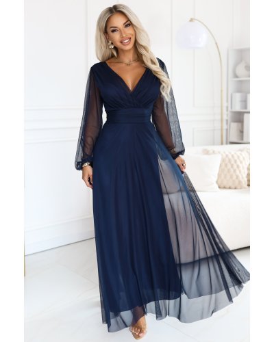 Rochii de nunta lungi, Rochie lunga bleumarin din tulle cu maneca lunga Nerissa - jojofashion.ro