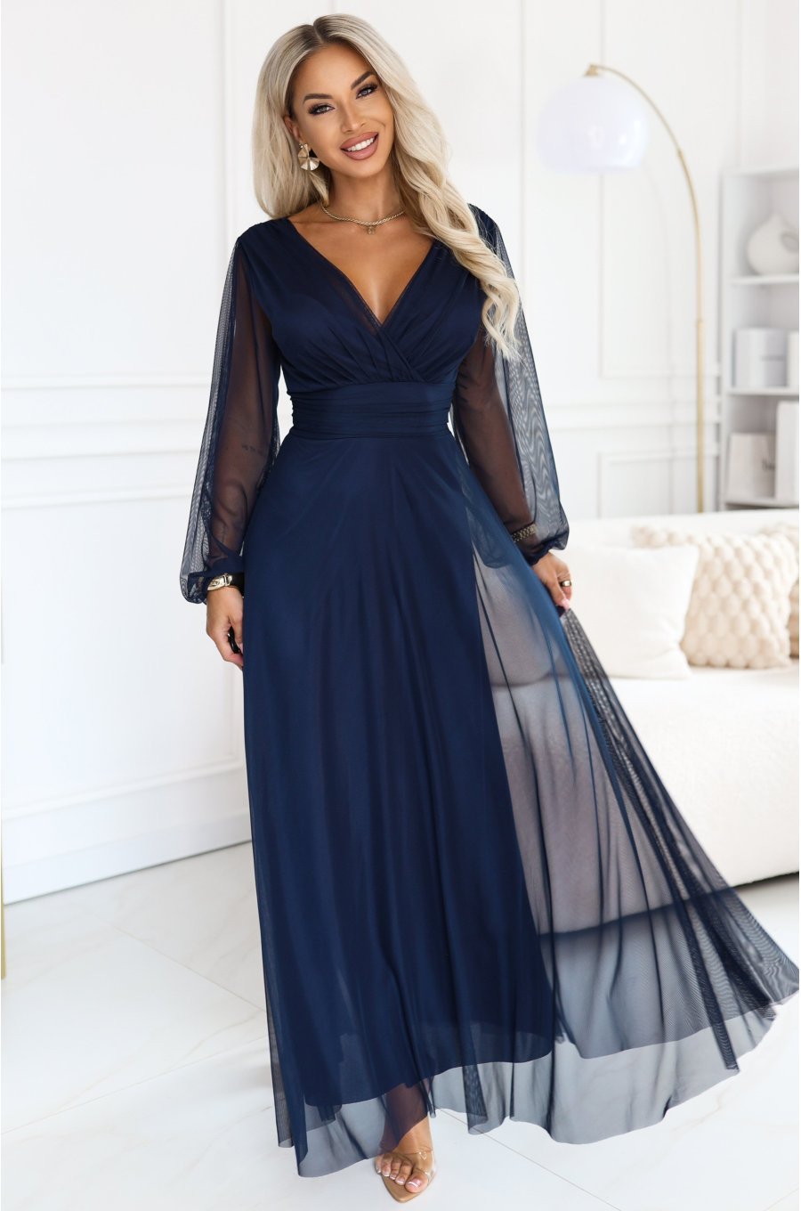 Rochie lunga bleumarin din tulle cu maneca lunga Nerissa 1 - jojofashion.ro