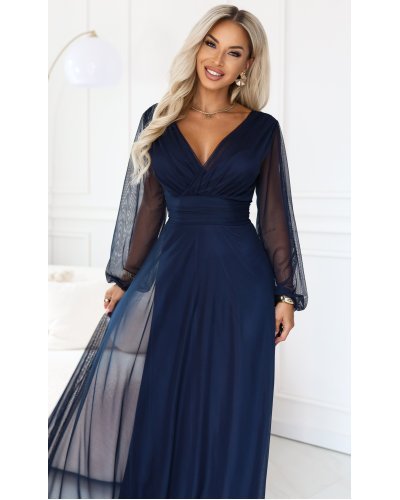 Rochii de nunta lungi, Rochie lunga bleumarin din tulle cu maneca lunga Nerissa - jojofashion.ro