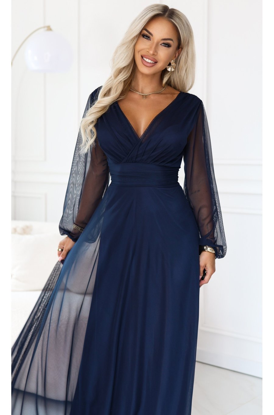 Rochie lunga bleumarin din tulle cu maneca lunga Nerissa 2 - jojofashion.ro