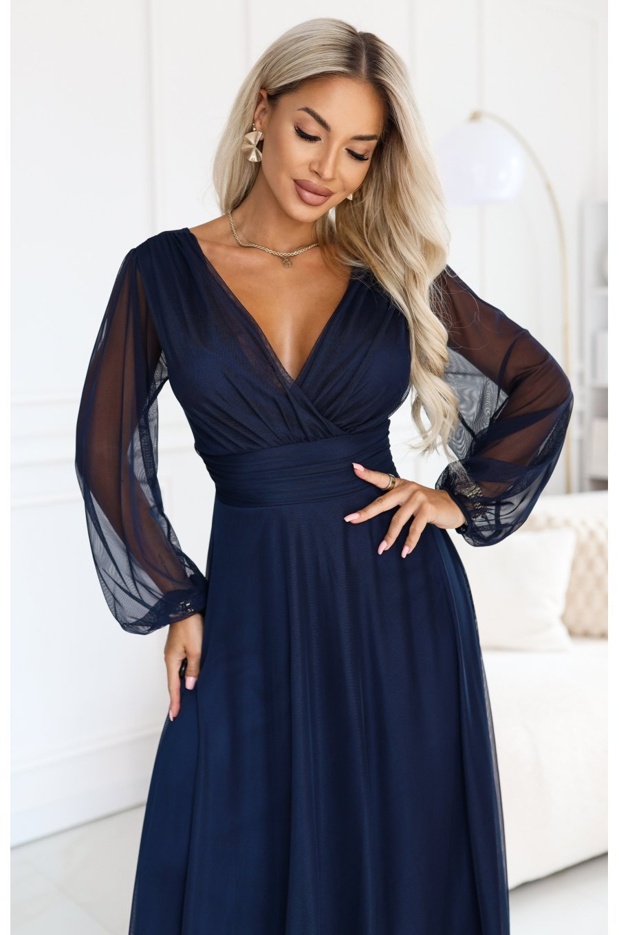 Rochie lunga bleumarin din tulle cu maneca lunga Nerissa 4 - jojofashion.ro
