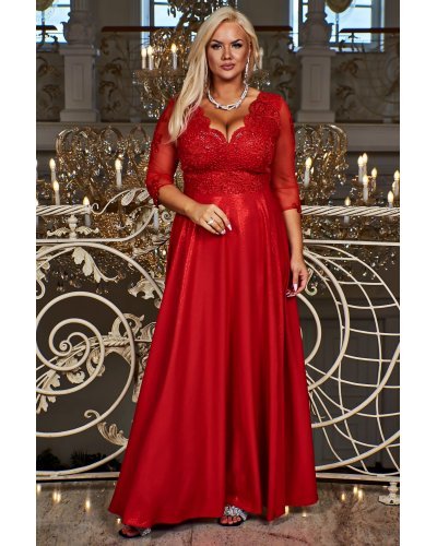 Rochie lunga rosie din dantela si brocard cu maneca trei sferturi Adalyze Rochii lungi, Rochie lunga rosie din dantela si brocard cu maneca trei sferturi Adalyze - jojofashion.ro