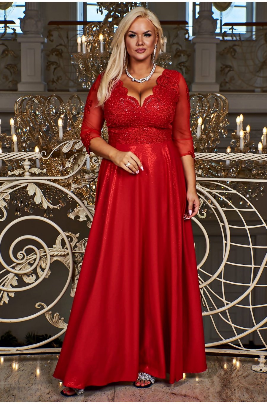Rochie lunga rosie din dantela si brocard cu maneca trei sferturi Adalyze 1 - jojofashion.ro