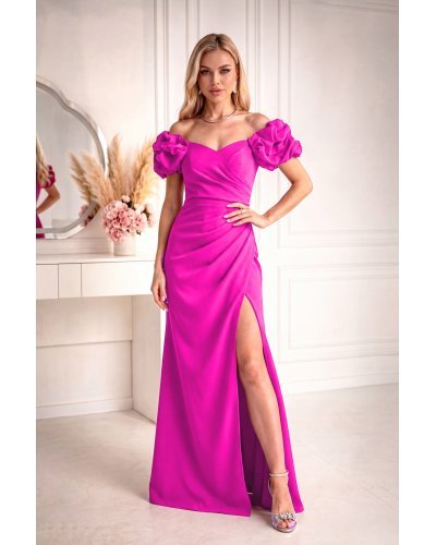 Rochii de nunta, Rochie lunga fucsia cu umerii goi si maneca 3D in stil spaniol Senorita - jojofashion.ro