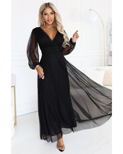 Rochii de nunta lungi, Rochie lunga neagra din tulle cu maneca lunga Nerissa - jojofashion.ro