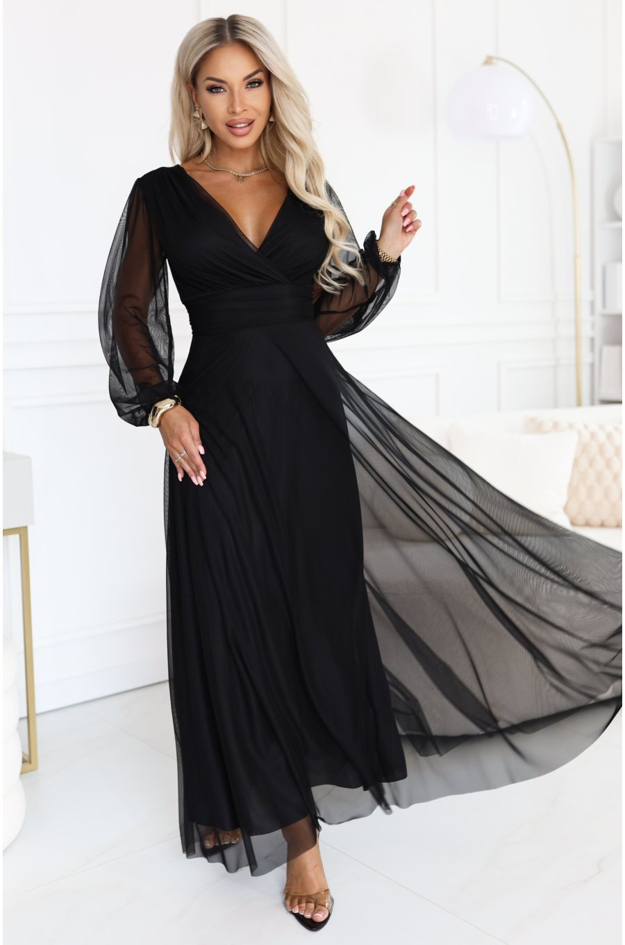 Rochie lunga neagra din tulle cu maneca lunga Nerissa 1 - jojofashion.ro