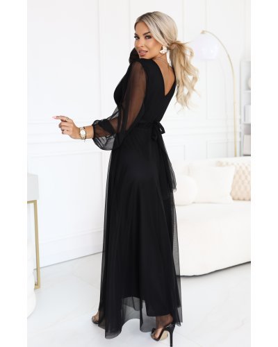 Rochii de nunta lungi, Rochie lunga neagra din tulle cu maneca lunga Nerissa - jojofashion.ro