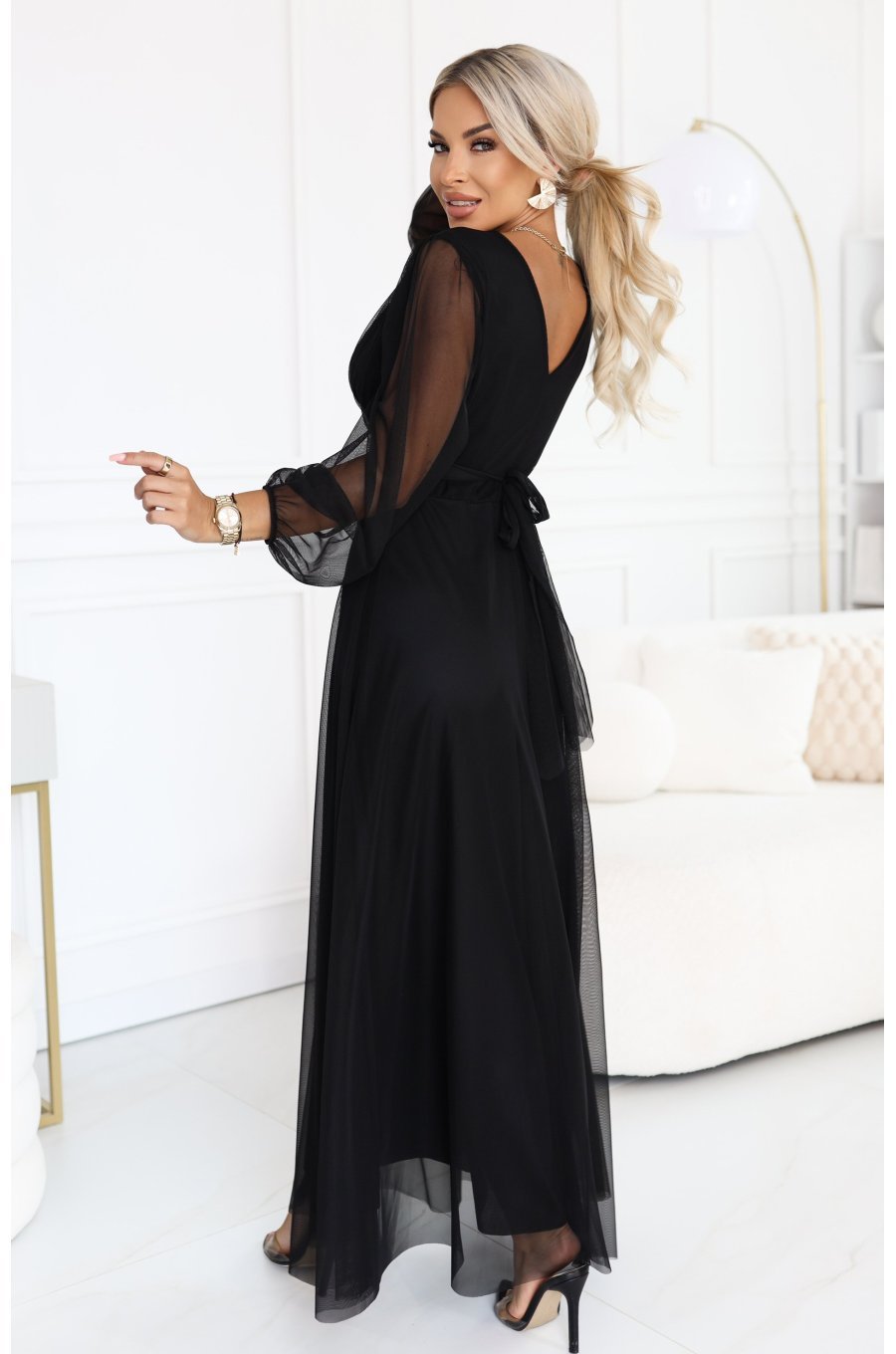Rochie lunga neagra din tulle cu maneca lunga Nerissa 2 - jojofashion.ro
