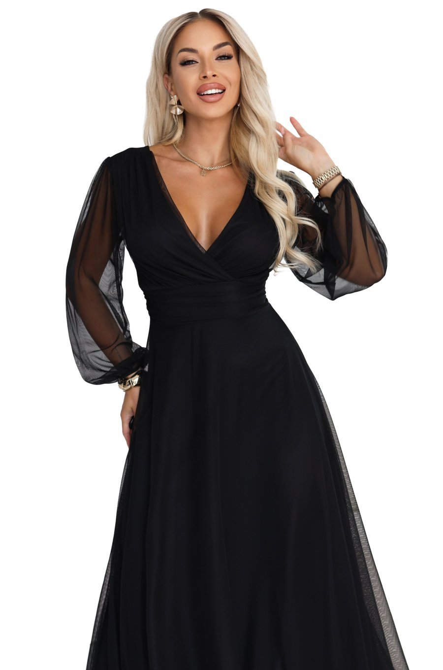 Rochie lunga neagra din tulle cu maneca lunga Nerissa 5 - jojofashion.ro