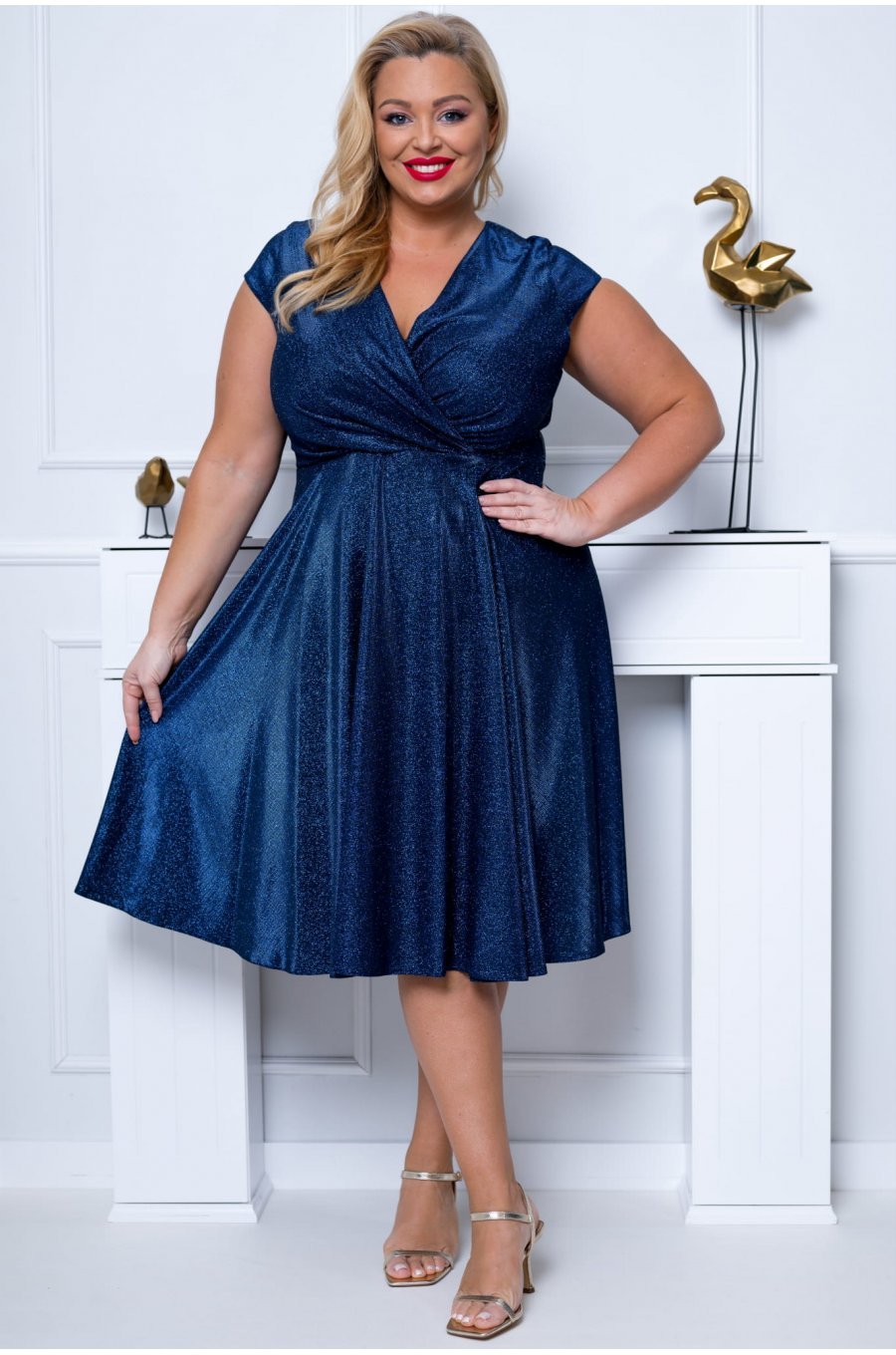 Rochie marime mare eleganta midi, cu glitter, bleumarin navy, petrecuta, NicolB 1 - jojofashion.ro