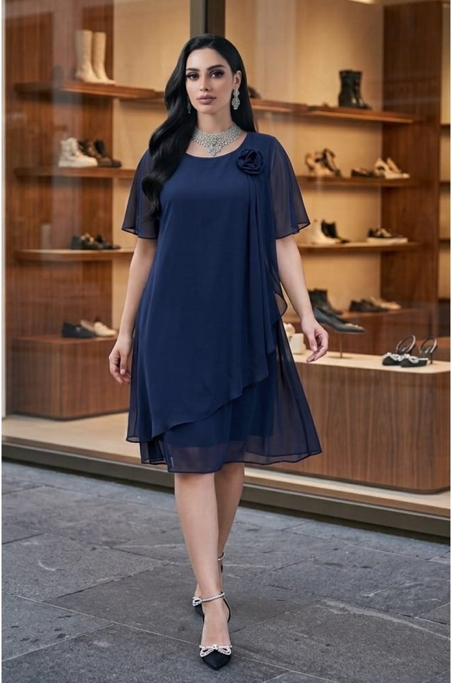 Rochie marime mare midi bleumarin din voal vaporoasa Karina 3 - jojofashion.ro