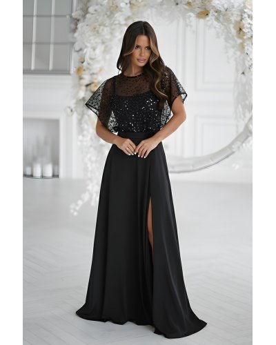 Rochie neagra eleganta lunga cu paiete pe bust vaporoasa Azaliya Rochii lungi, Rochie neagra eleganta lunga cu paiete pe bust vaporoasa Azaliya - jojofashion.ro