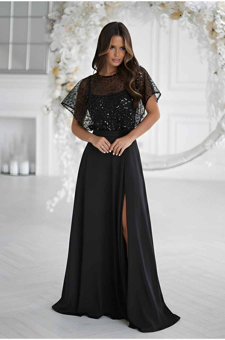 Rochie neagra eleganta lunga cu paiete pe bust vaporoasa Azaliya 1 - jojofashion.ro