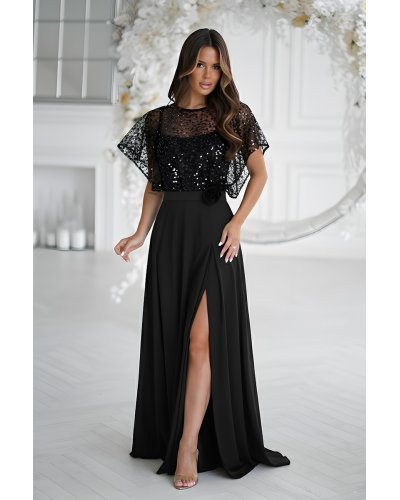 Rochie neagra eleganta lunga cu paiete pe bust vaporoasa Azaliya Rochii lungi, Rochie neagra eleganta lunga cu paiete pe bust vaporoasa Azaliya - jojofashion.ro