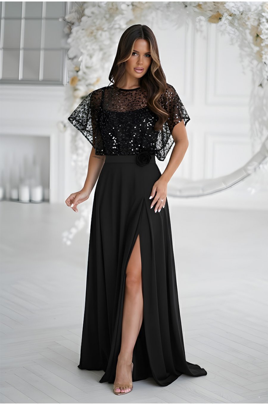 Rochie neagra eleganta lunga cu paiete pe bust vaporoasa Azaliya 2 - jojofashion.ro