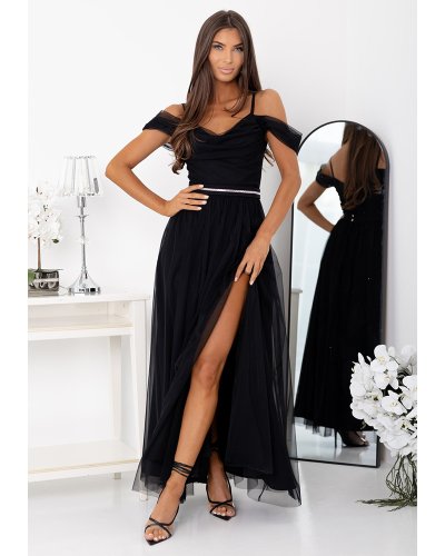 Rochii de Ocazie Elegante, Rochie neagra eleganta lunga din tulle cu umerii goi vaporoasa KiaraW - jojofashion.ro