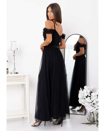 Rochii de Ocazie Elegante, Rochie neagra eleganta lunga din tulle cu umerii goi vaporoasa KiaraW - jojofashion.ro